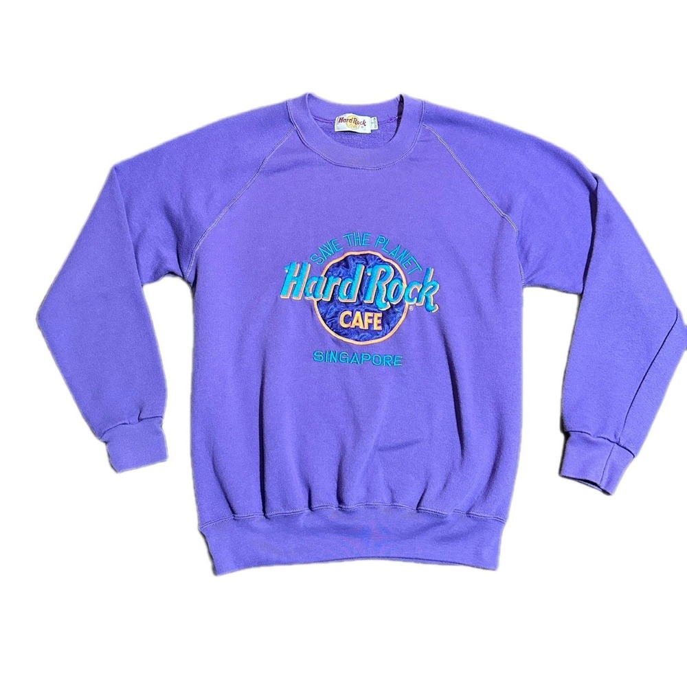 Vintage Hard Rock Cafe Singapore Save the Planet Embroidered Purple Crewneck LS